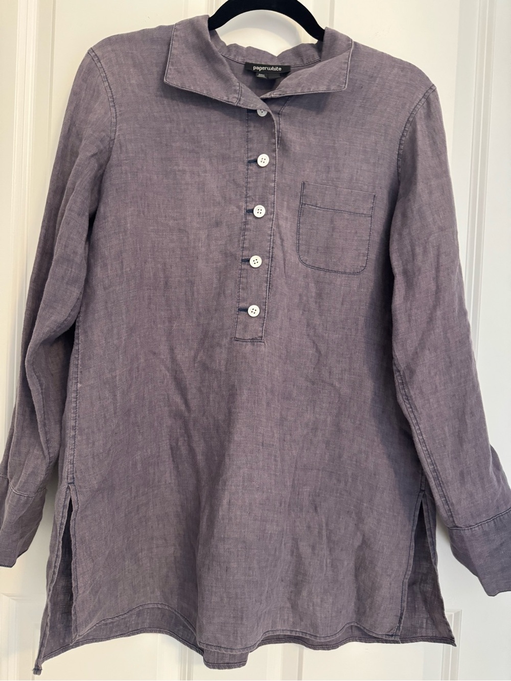 Paperwhite 100% Linen Tunic Top Size 6 Purple Long Sleeve Pocket Shirt